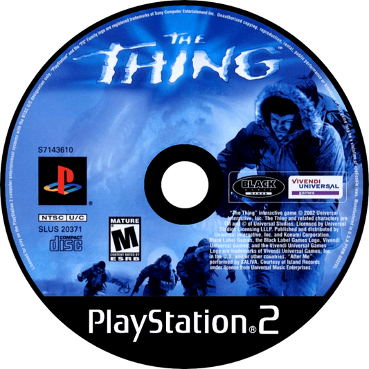 The Thing PS2 Sony PlayStation 2 survival horror game sci fi horror John Carpenter movie sequel squad based gameplay trust system infection mechanics third person shooter Antarctic setting intense atmosphere retro gaming PlayStation 2 software video game title disc