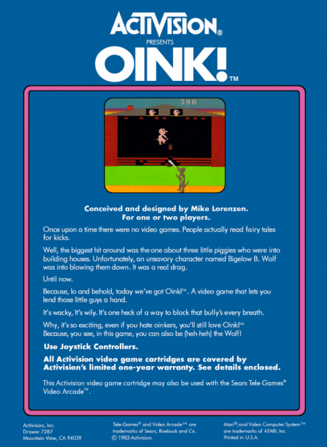 Oink! back cover art for Atari 2600 (2600) video game