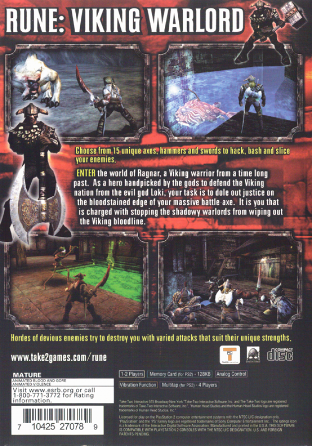 Rune VIking Warlord back cover art for Playstation 2 (PS2) action video game.
