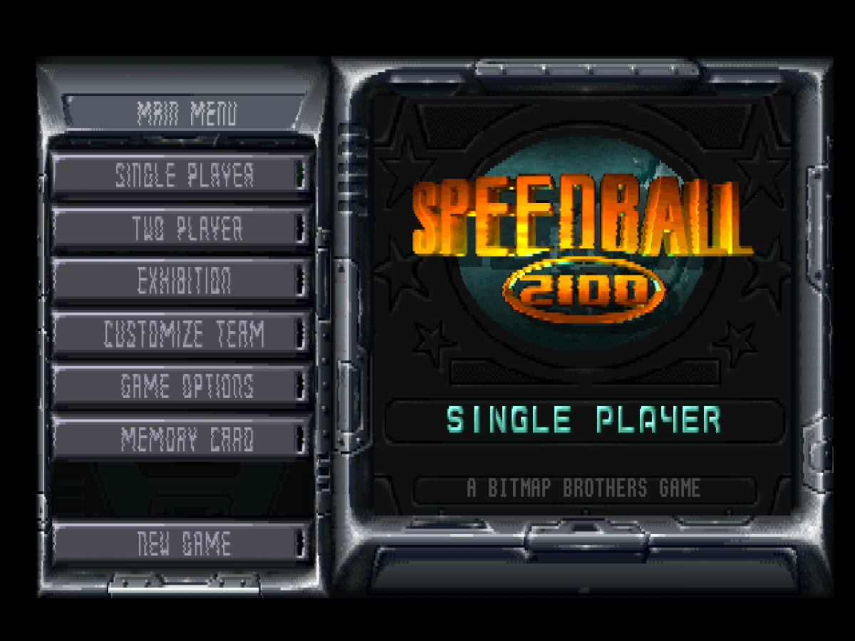 Speedball 2100 home screen for PlayStation 1 (PS1) futuristic sports video game