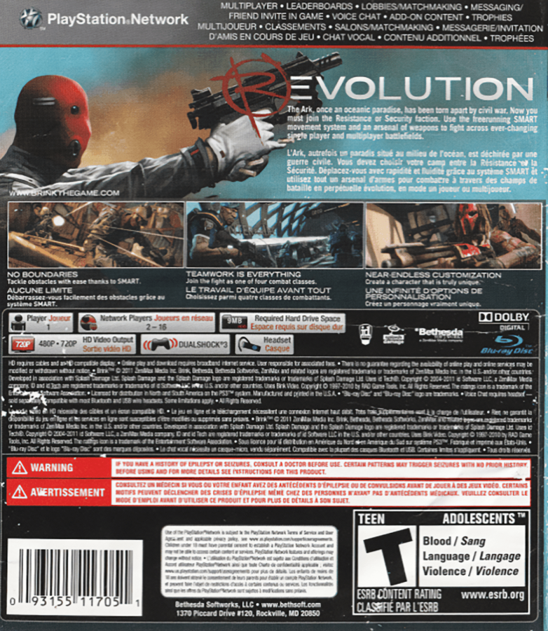 Brink back cover art for PlayStation 3 (PS3) video game