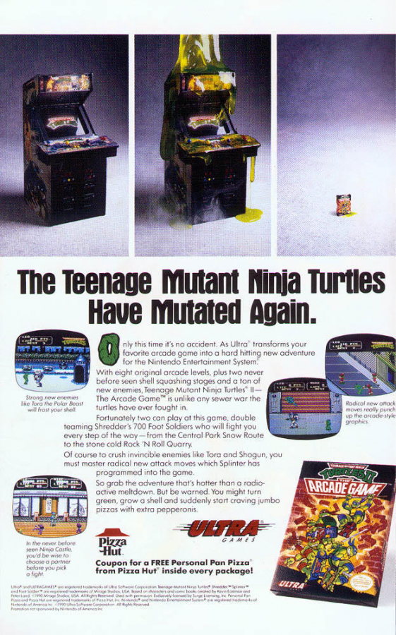 Teenage Mutant Ninja Turtles II: The Arcade Game advert for Nintendo Entertainment System (NES) retro video game
