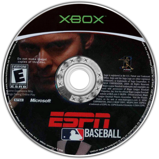Xbox disc art for ESPN Baseball game with branding and logos.
