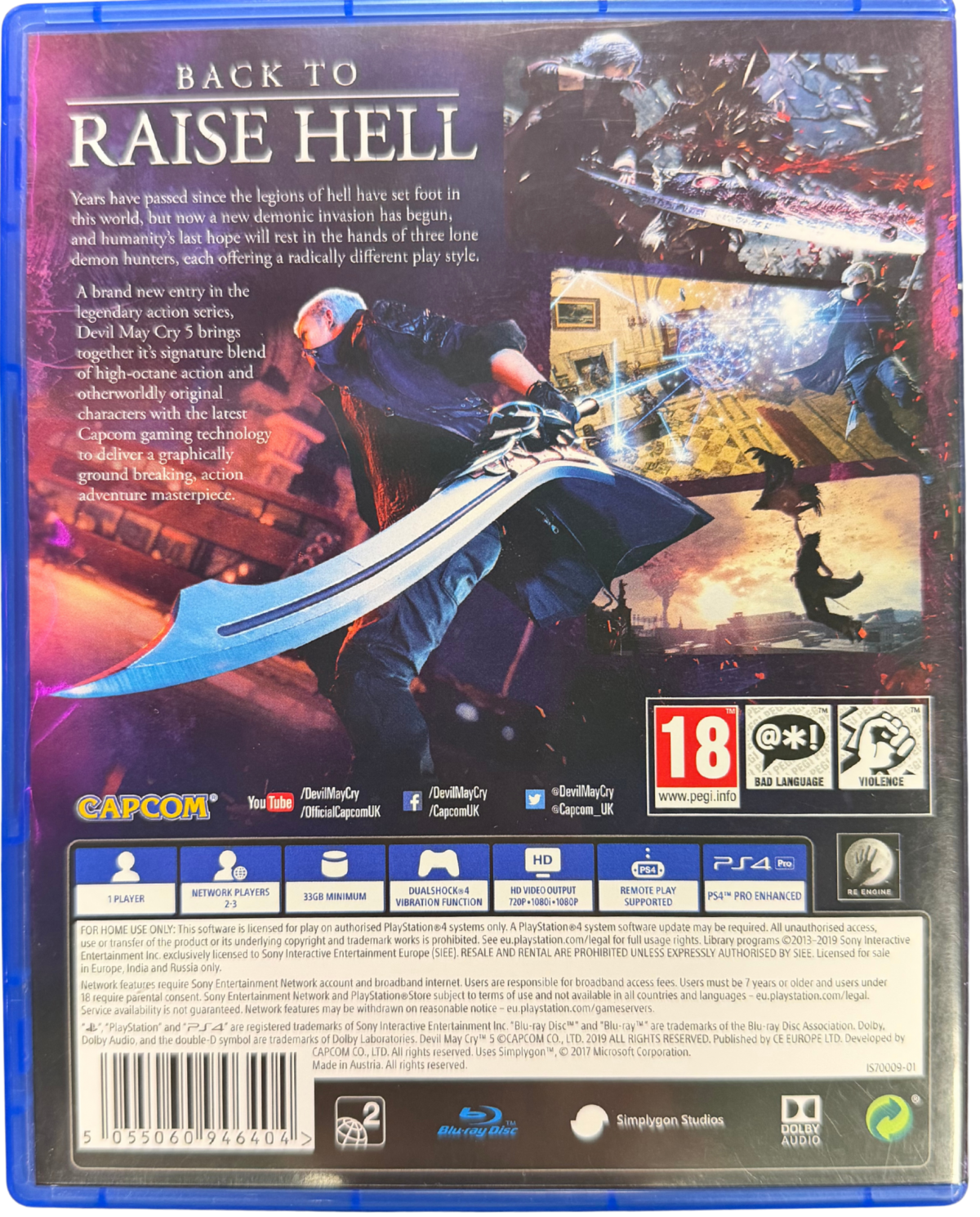 Devil May Cry 5 PAL Import PlayStation 4 PS4 for retro video game enthusiasts featuring stylish action gameplay fast paced demon hunting combat combo driven mechanics multiple playable characters cinematic boss battles supernatural adventure elements and collectible gaming appeal back cover art
