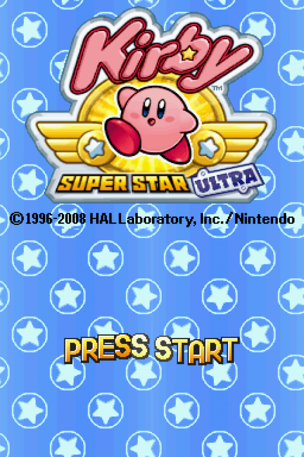 Kirby: Super Star Ultra start screen for Nintendo DS (DS) platforming action adventure video game