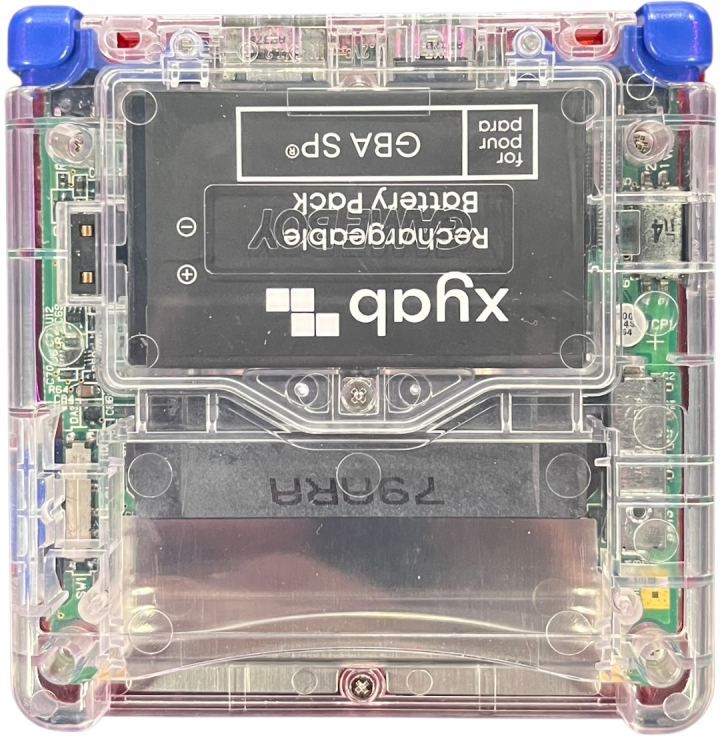 Retro GBA SP custom shell IPS mod inspired design featuring upgraded Nintendo handheld gaming console aesthetic vibrant custom housing backlit IPS display rechargeable clamshell portable system nostalgic retro gaming hardware presentation bottom