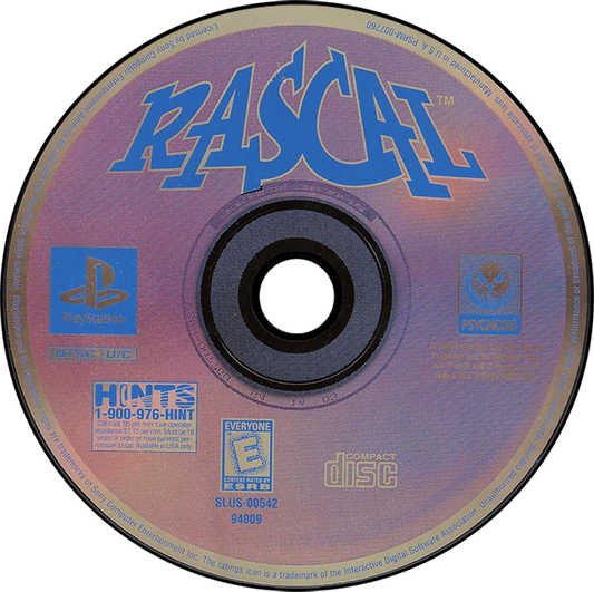 Rascal 3D platformer video game for the original Sony PlayStation (PS1), featuring the mischievous time-traveling hero Rascal as he uses his bubble gun to battle enemies, explore different time periods, solve puzzles, collect items, and rescue his kidnapped inventor father across medieval castles, Atlantis, pirate ships, prehistoric worlds, the Wild West, and the Time Dimension disc