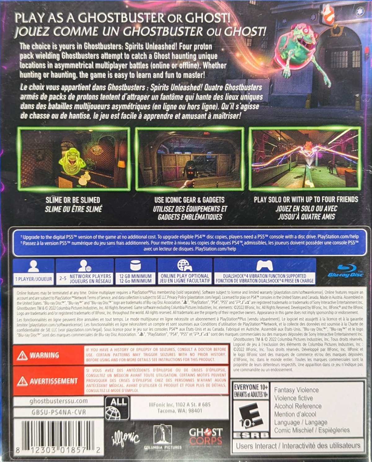 Ghostbusters: Spirits Unleashed for PlayStation 4 (PS4) at Gamers INC, featuring fun asymmetrical multiplayer where teams of Ghostbusters hunt a player-controlled ghost, with customizable gear, classic Ghostbusters humor, and spooky haunted locations to capture or escape from the paranormal chaos back cover