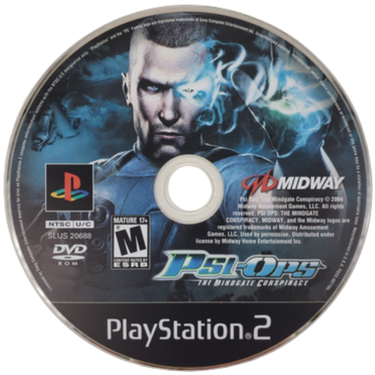 Psi-Ops The Mindgate Conspiracy PS2 Sony PlayStation 2 third person action shooter psychic powers telekinesis mind control fire manipulation stealth combat Midway Games sci fi conspiracy story driven gameplay retro gaming PlayStation 2 software video game title disc