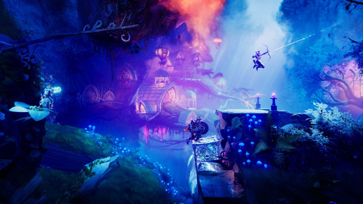 Trine 4 Nintendo Switch inspired design featuring fantasy puzzle platform adventure aesthetic magical heroes cooperative gameplay enchanting worlds physics based challenges vibrant storybook environments whimsical action exploration presentation gameplay