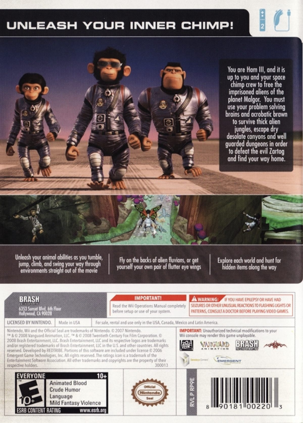 Space Chimps for Wii family friendly action adventure video game featuring intergalactic missions quirky characters motion controlled gameplay and humorous animated movie inspired experience back cover