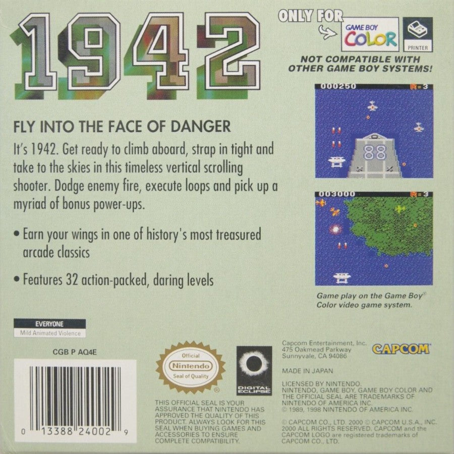 1942 Nintendo Game Boy Color GBC for vertical scrolling shoot em up retro video game fans featuring World War II aerial combat fighter aircraft intense arcade action enemy squadrons challenging missions classic handheld gaming collectible gaming appeal back of case