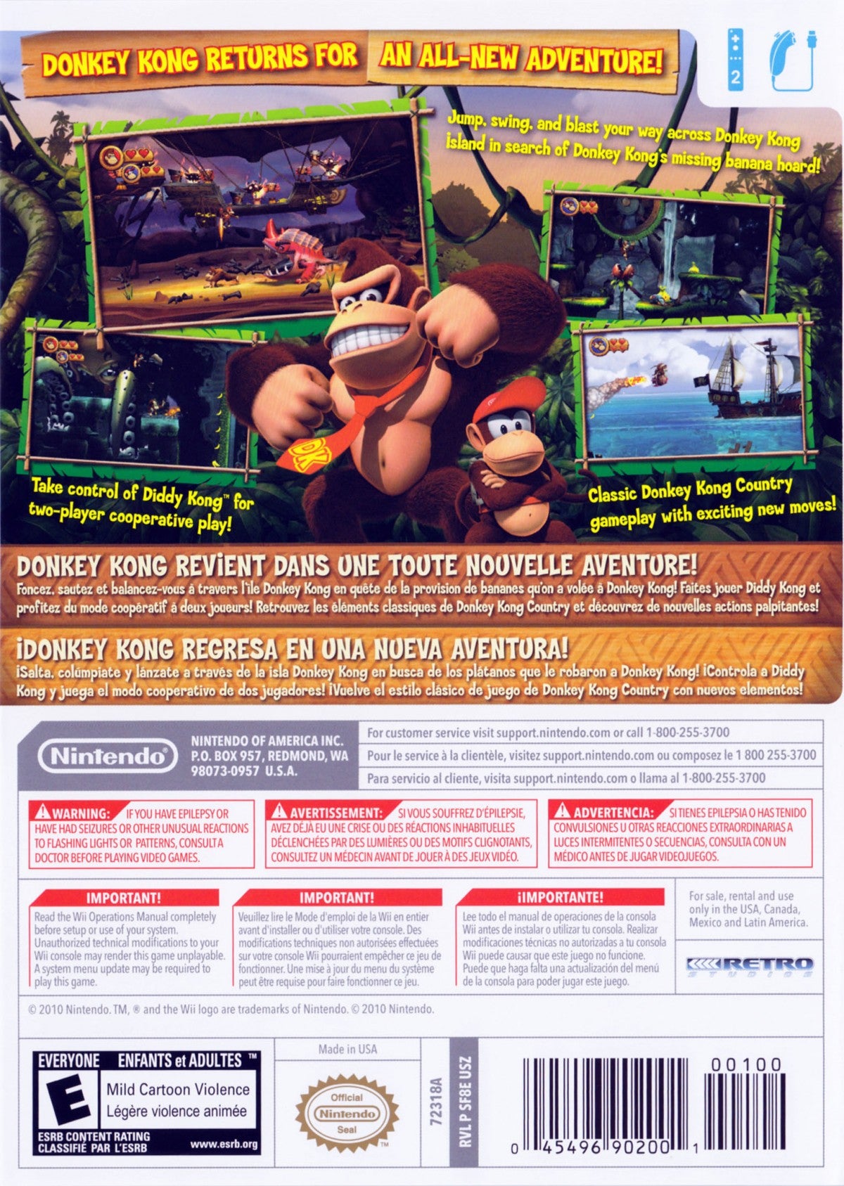 Donkey Kong Country Returns back cover art for Nintendo Wii Wii video game