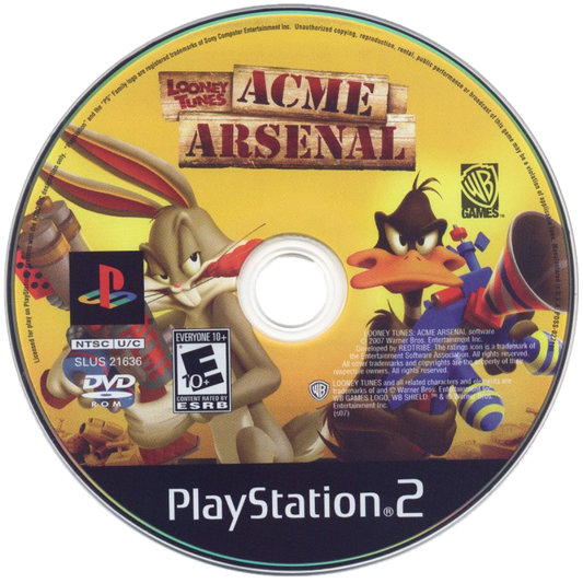 Looney Tunes: Acme Arsenal PS2 action-adventure game featuring classic Looney Tunes characters like Bugs Bunny, Daffy Duck, and Tweety in a cartoon combat adventure with zany weapons, level-based missions, boss fights, cooperative play, and family-friendly humor and slapstick action on PlayStation 2. disc