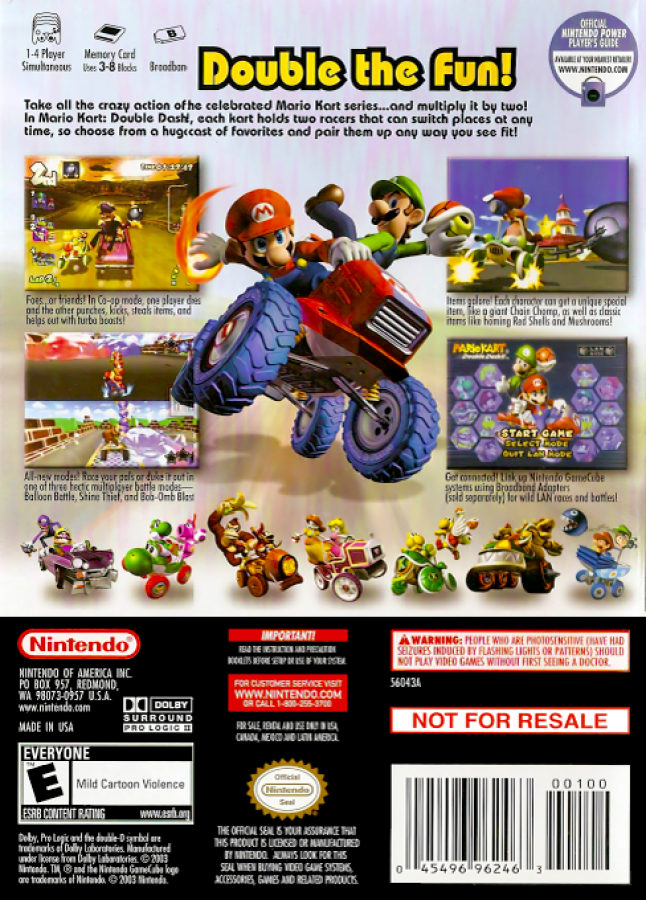 Mario Kart: Double Dash!! back of case for GameCube (GC) kart racing video game