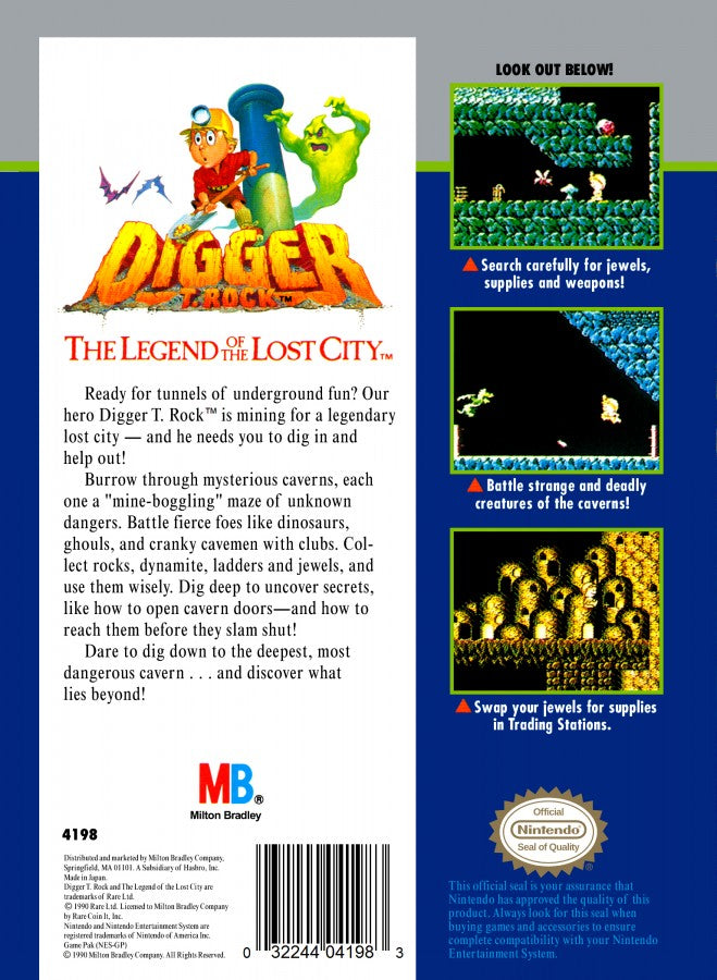Digger T Rock back cover art for Nintendo Entertainment System (NES) adventure video game.