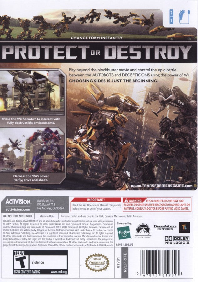 Transformers: The Game back cover art for Nintendo Wii (Wii) featuring battles with Autobots and Decepticons in film‑based missions
