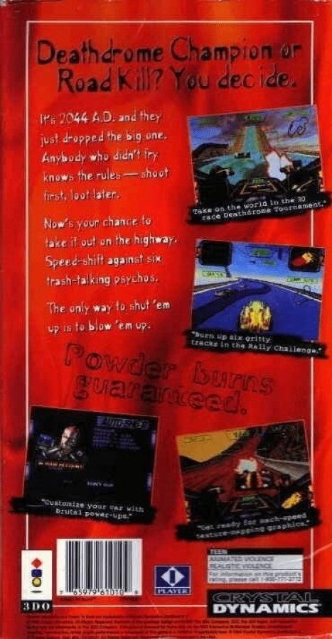 Crash ’n Burn back of case for Panasonic 3DO (3DO) futuristic vehicular combat racing video game