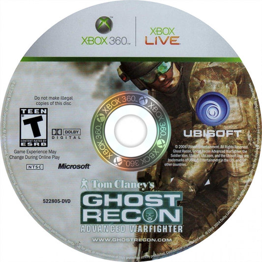 Tom Clancy's Ghost Recon Advanced Warfighter Xbox 360 tactical shooter featuring squad based military combat near future battlefield technology first person gameplay online multiplayer modes and strategic mission based warfare by Ubisoft disc
