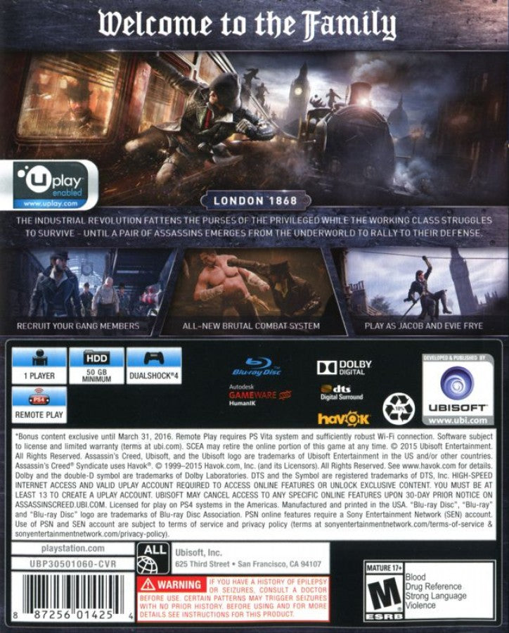 Assassin's Creed: Syndicate back of case for PlayStation 4 (PS4) video game