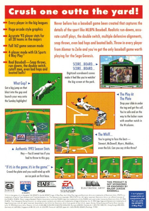 MLBPA Baseball back cover art for Sega Genesis GEN video game