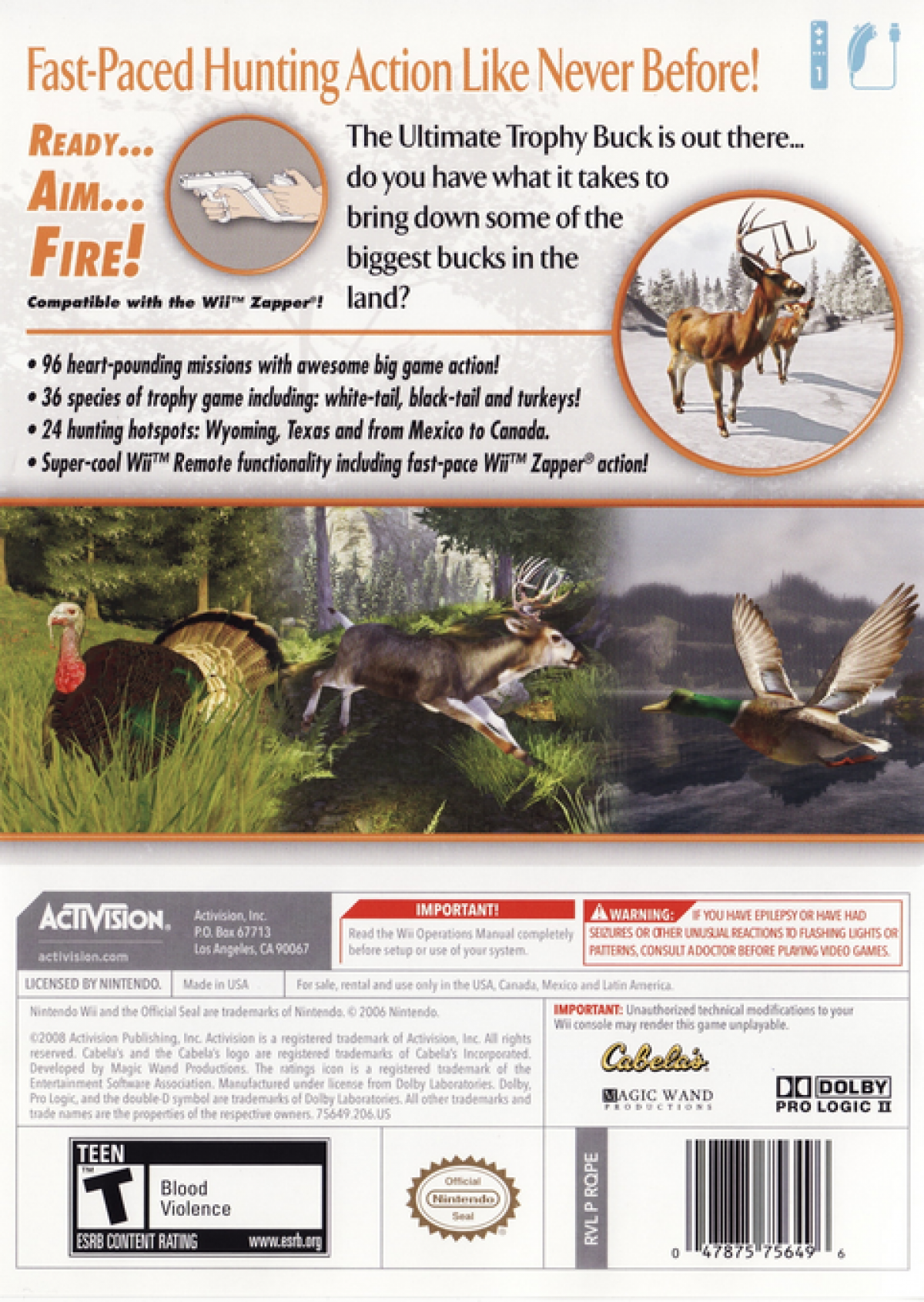 Cabela's Trophy Bucks back cover art for Nintendo Wii (Wii) video game