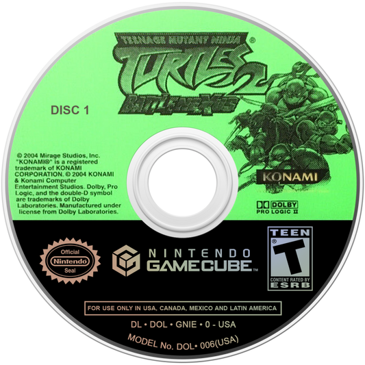 Teenage Mutant Ninja Turtles 2 Battle Nexus GameCube GC video game, action beat ’em up, cartoon-based gameplay, multiplayer, family-friendly, Nintendo GameCube title disc art