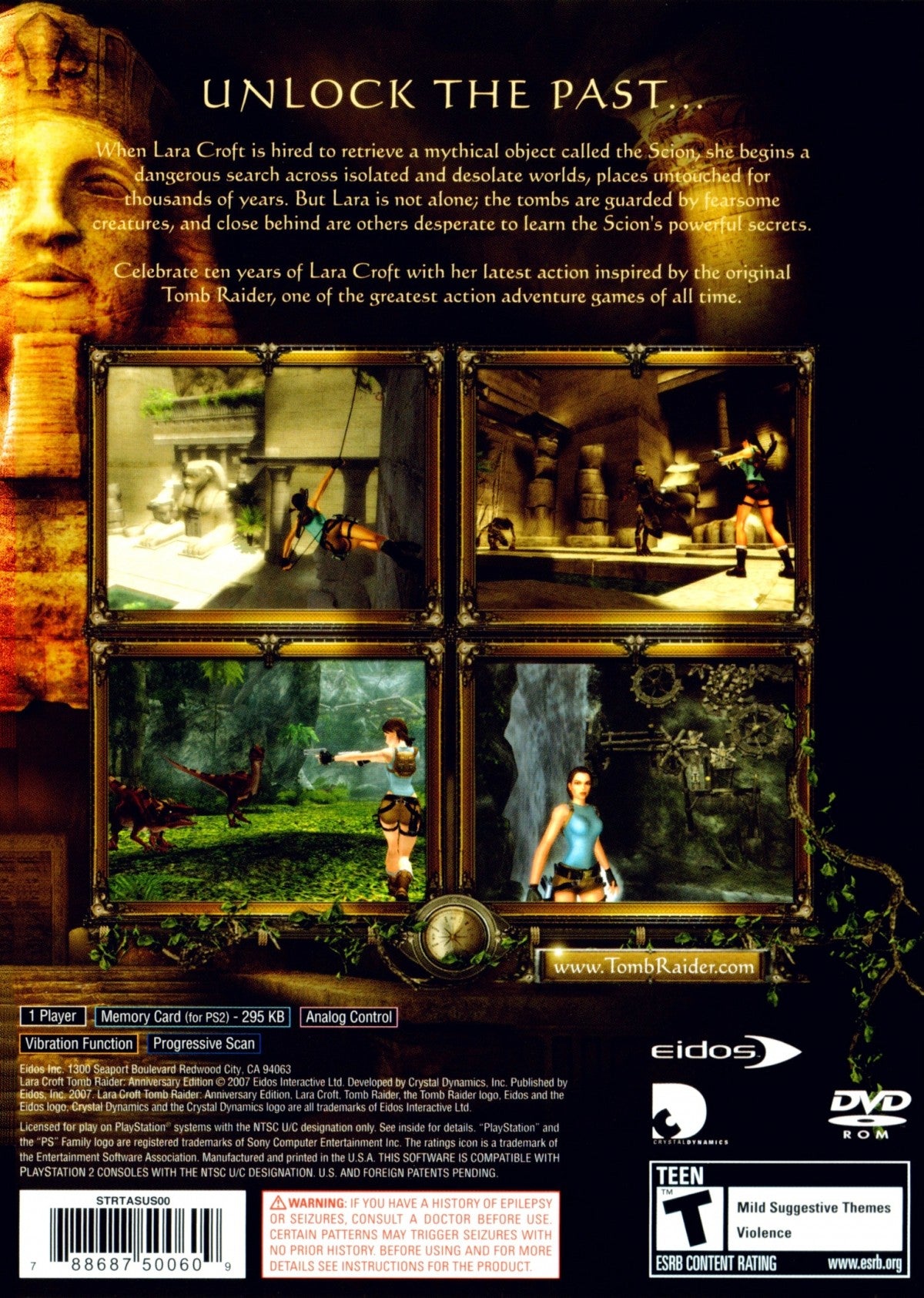 Tomb Raider Anniversary PS2 Sony PlayStation 2 action adventure game Lara Croft platforming puzzle solving exploration remake classic Tomb Raider Core Design Crystal Dynamics third person adventure PlayStation 2 software video game title back cover art
