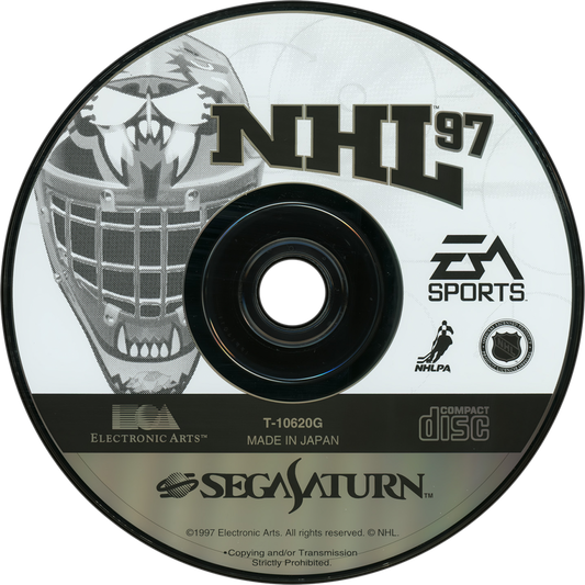NHL 97 Sega Saturn for hockey sports video game fans featuring official NHL teams and players fast paced on ice gameplay season and exhibition modes realistic hockey action multiplayer competition classic EA Sports presentation retro Sega Saturn gaming collectible appeal game disc