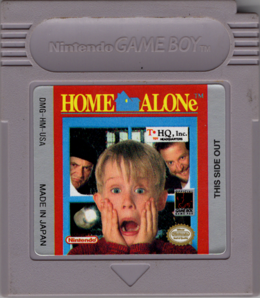 Home Alone for Game Boy, cartridge for an action platformer video game with side-scrolling gameplay, trap-setting mechanics, enemy avoidance, and movie-inspired challenges