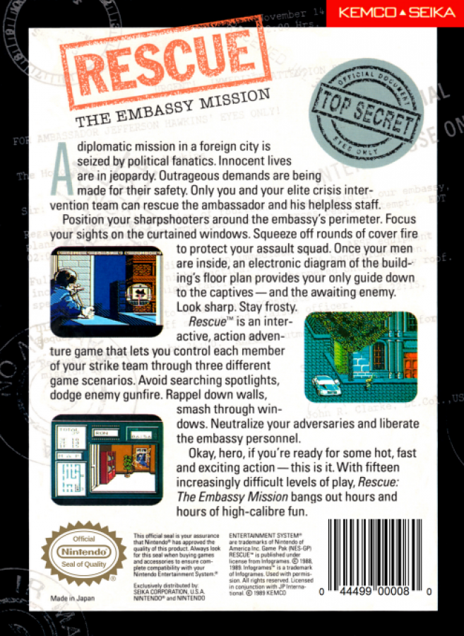 Rescue: The Embassy Mission advert for Nintendo Entertainment System (NES) retro video game