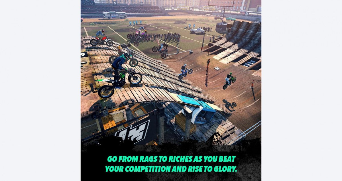 Trials Rising game for the Nintendo Switch featuring physics based motorcycle platforming gameplay with obstacle course tracks stunt challenges multiplayer modes and progression through global locations with skill based timing and control gameplay