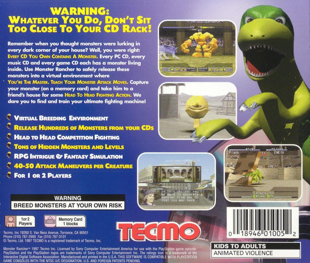 Monster Rancher PlayStation 1 life simulation video game Tecmo raise train battle unique monsters generate creatures from any compact disc ranch management fantasy tournaments E-Everyone animated violence back cover art