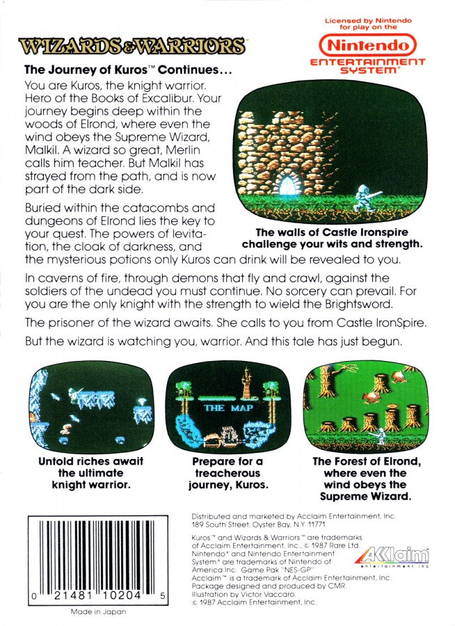 Wizards & Warriors Complete in Box CIB Nintendo Entertainment System NES for retro video game enthusiasts featuring action platforming gameplay fantasy adventure heroic warrior combat magical environments treasure collecting challenging enemies complete in box collectible gaming appeal back cover