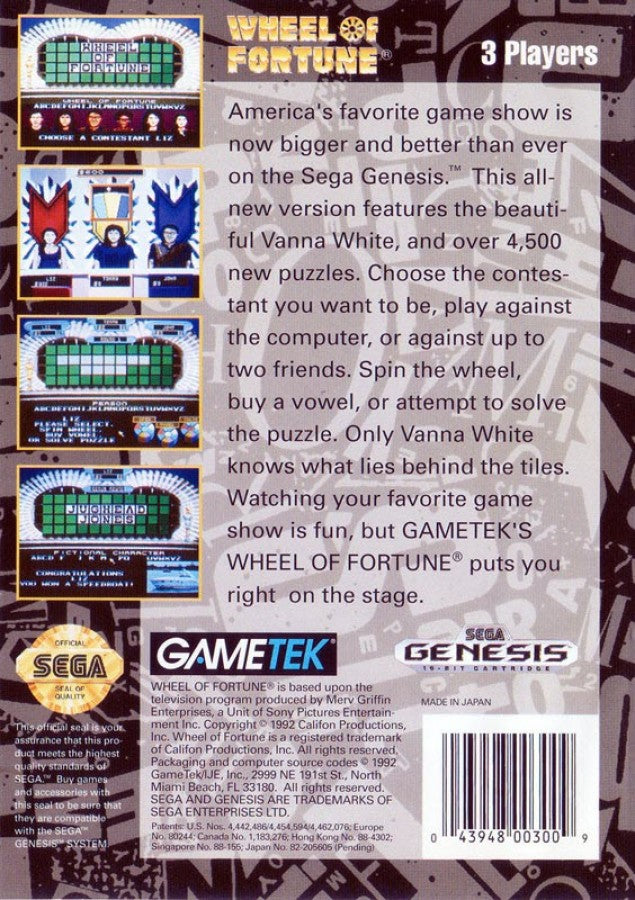Wheel of Fortune back cover art for Sega Genesis (GEN) video game