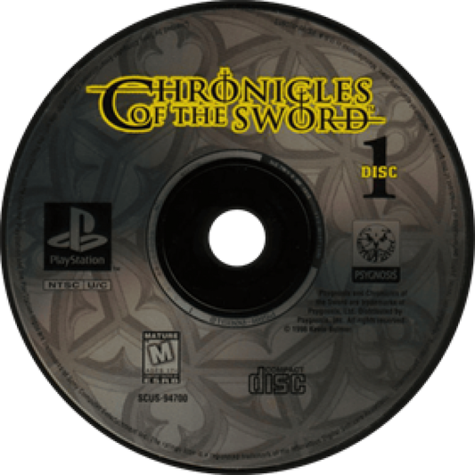Chronicles of the Sword PlayStation PS1 for strategy role playing video game fans featuring tactical turn based battles fantasy world exploration character customization kingdom building deep storyline medieval warfare challenging missions collectible gaming appeal disc 1