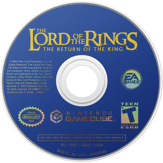 Disc art for The Lord of the Rings The Return of the King Player’s Choice GameCube game featuring cooperative action gameplay based on the epic fantasy film