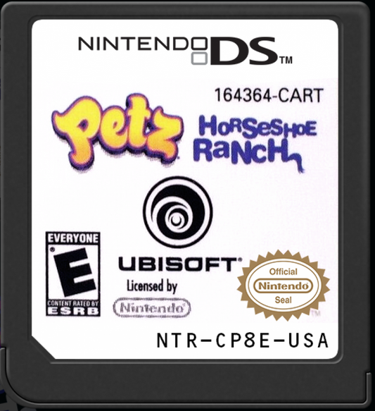 Petz Horseshoe Ranch for Nintendo DS (DS), cartridge for a retro video game featuring horse care simulation gameplay, ranch management, riding challenges, pet customization, and family-friendly adventure activities