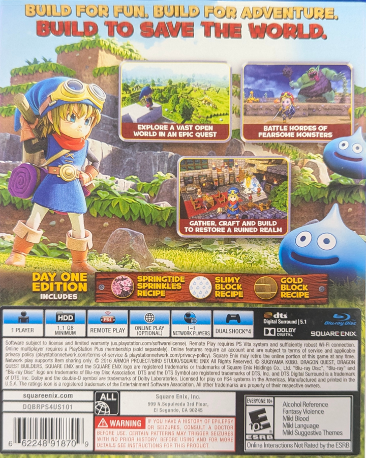Dragon Quest Builders Day One Edition PS4 game featuring creative sandbox building, action RPG gameplay, and bonus Day One content set in the Dragon Quest universe back cover
