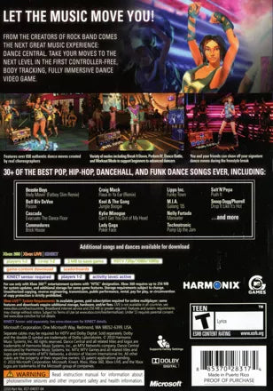 Dance Central for Xbox 360 rhythm dance video game featuring full body Kinect motion tracking high energy music tracks competitive dance battles and immersive club style gameplay experience back cover art