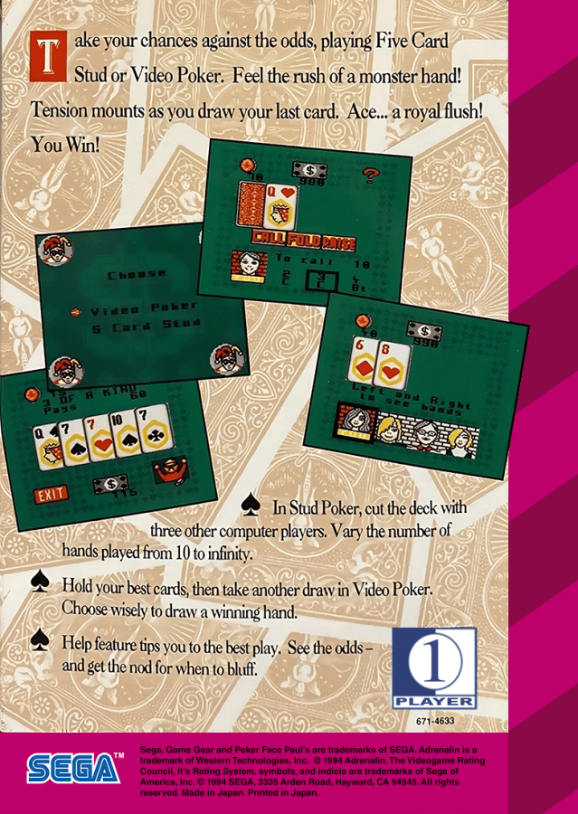 Poker Face Paul's: Poker back cover art for Sega Game Gear (GG) video game