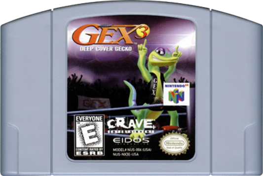Gex 3 Deep Cover Gecko Nintendo 64 N64 video game, game only cartridge, action platformer, cartoon-style adventure, classic Nintendo title cartridge