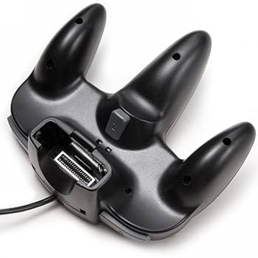 Bottom view of the black Nintendo 64 controller, showing connector port and structural design for stable grip
