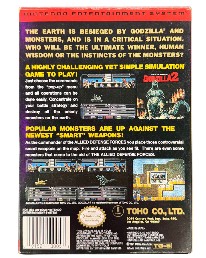 Godzilla 2 Nintendo Entertainment System NES for retro video game enthusiasts featuring turn based strategy gameplay giant monster battles classic kaiju action tactical map movement city destruction iconic Toho monsters 8 bit adventure collectible gaming appeal back cover art