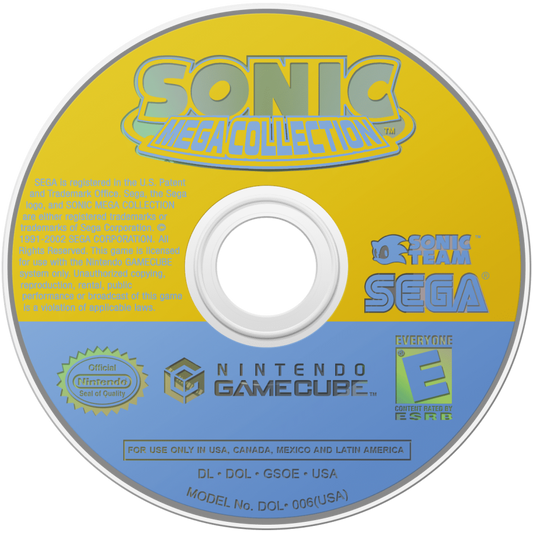 Sonic Mega Collection GameCube GC video game, classic Sonic the Hedgehog compilation, retro platformer collection, Nintendo GameCube title disc art