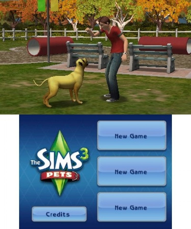 The Sims 3: Pets main menu for Nintendo 3DS (3DS) life simulation video game
