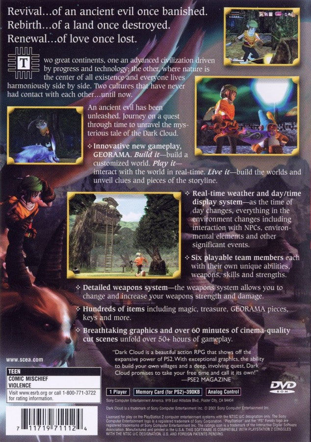 Dark Cloud for PlayStation 2 with action-RPG adventure and city-building gameplay back cover art