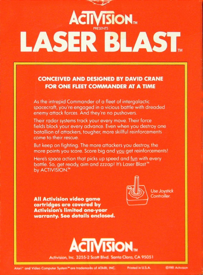 Laser Blast Atari 2600 inspired design featuring classic arcade space shooter aesthetic futuristic alien assault gameplay minimalist pixel graphics fast paced score chasing action vintage home console gaming nostalgia retro Atari presentation back cover