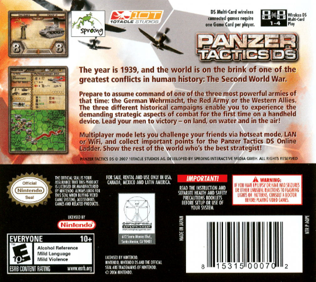 Panzer Tactics back of case for Nintendo DS (DS) turn-based strategy war video game