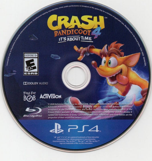 Crash Bandicoot 4: It's About Time – PlayStation 4 (PS4) video game disc, platformer by Toys for Bob